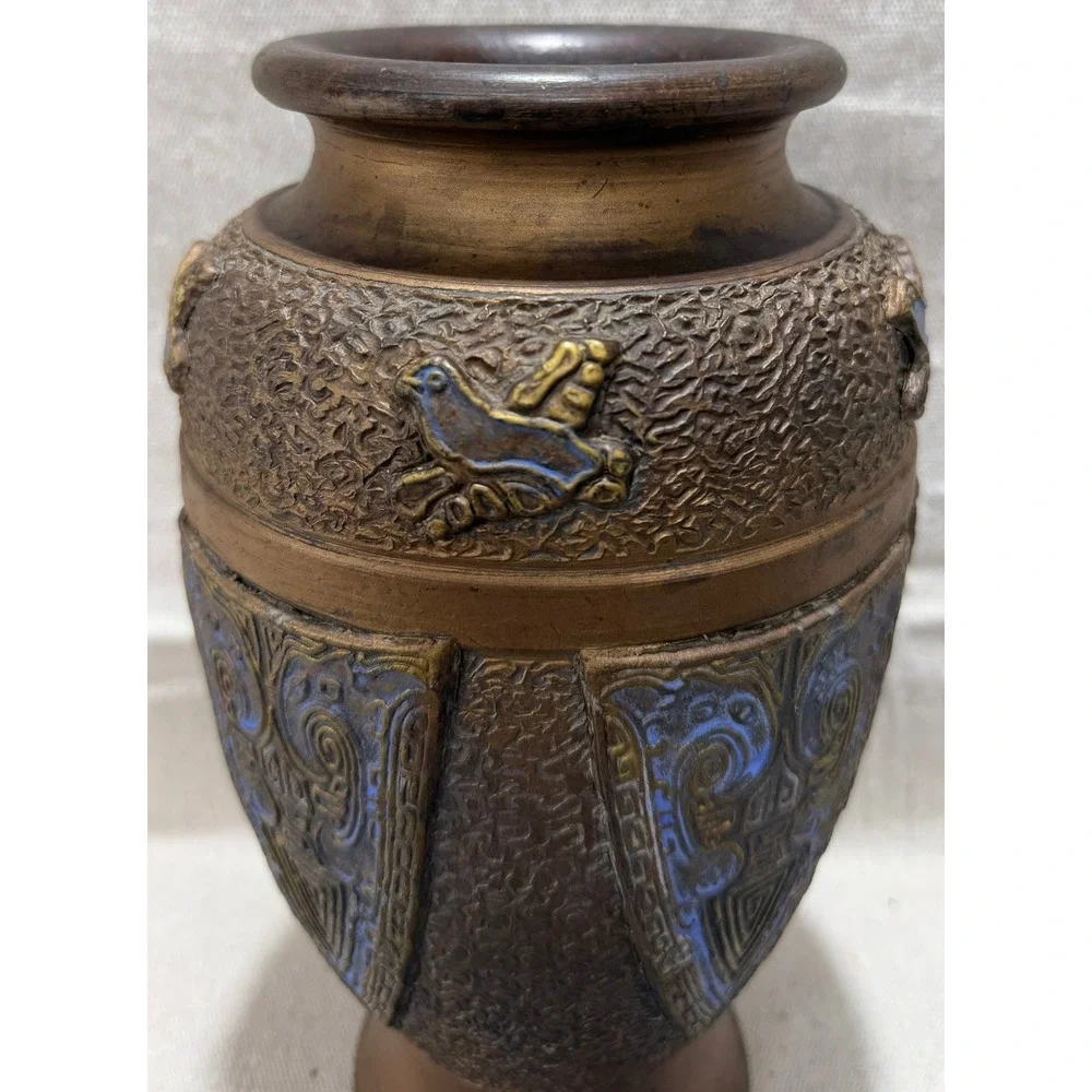 Vintage Japanese Bronze Relief Vase Archaic Taotie Bird Motif Blue Enamel 10.5in